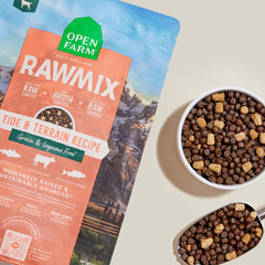 Open Farm RawMix bone broth-coated kibble closeup, enhancing palatability and aroma