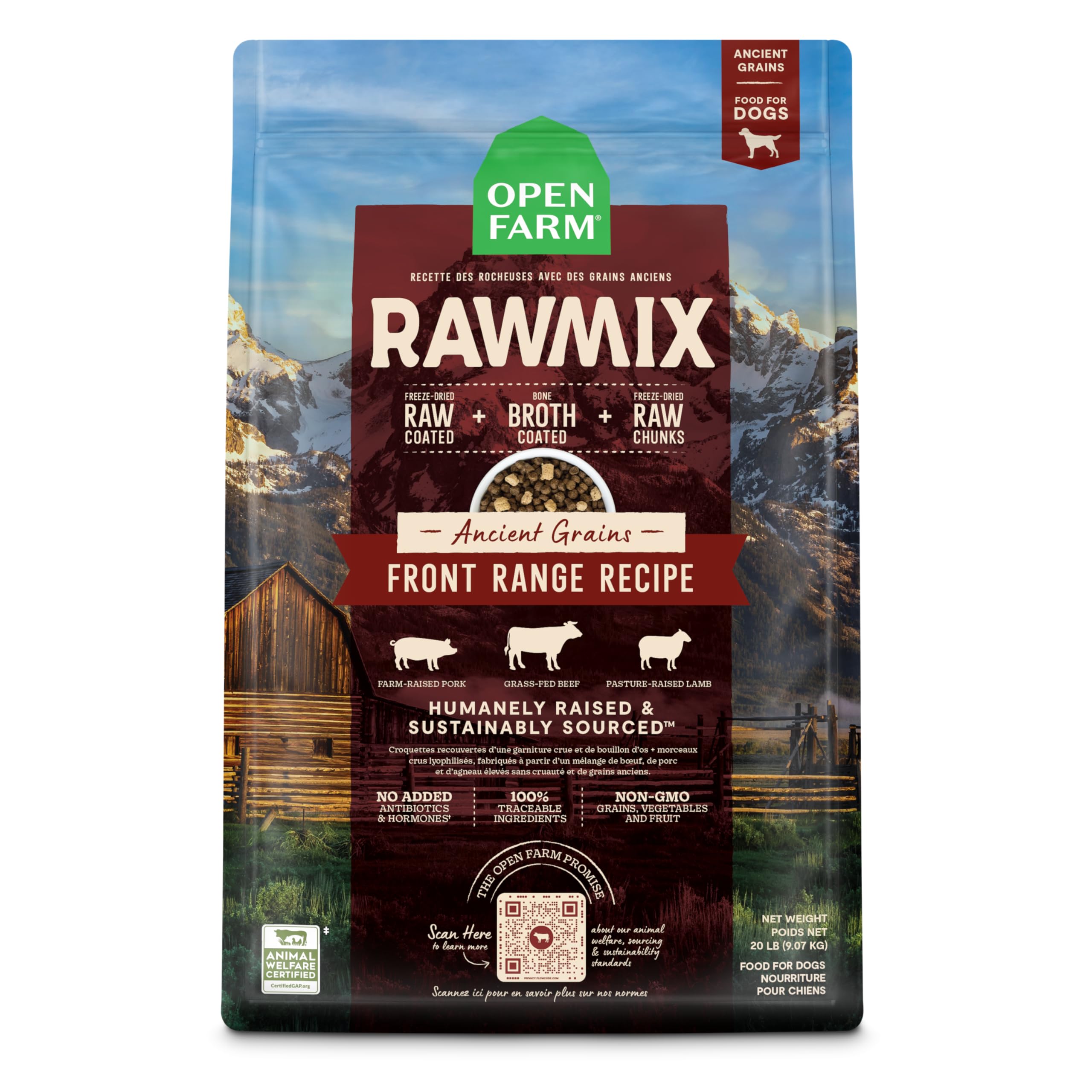 Open Farm RawMix dry dog food with beef-lamb-pork blend offers protein-packed nutrition.