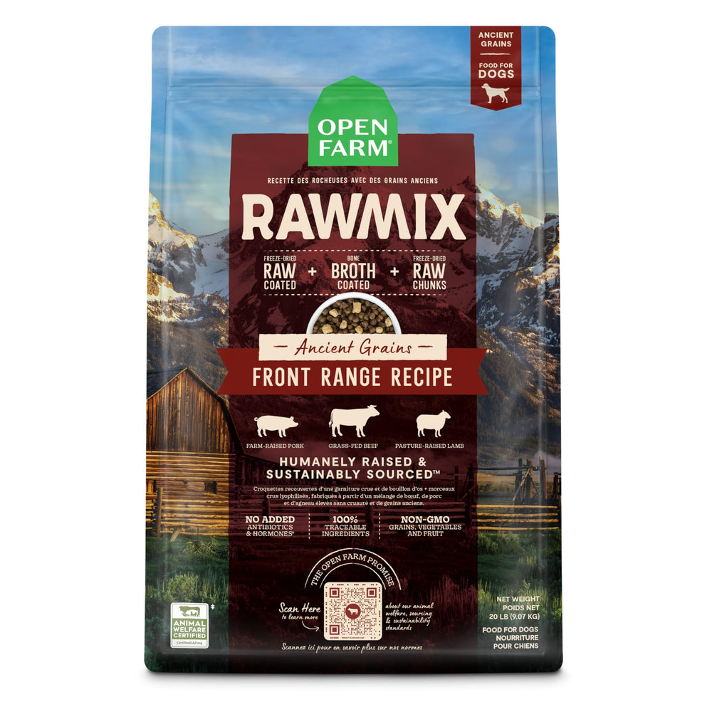 Open Farm RawMix dry dog food with beef-lamb-pork blend offers protein-packed nutrition.