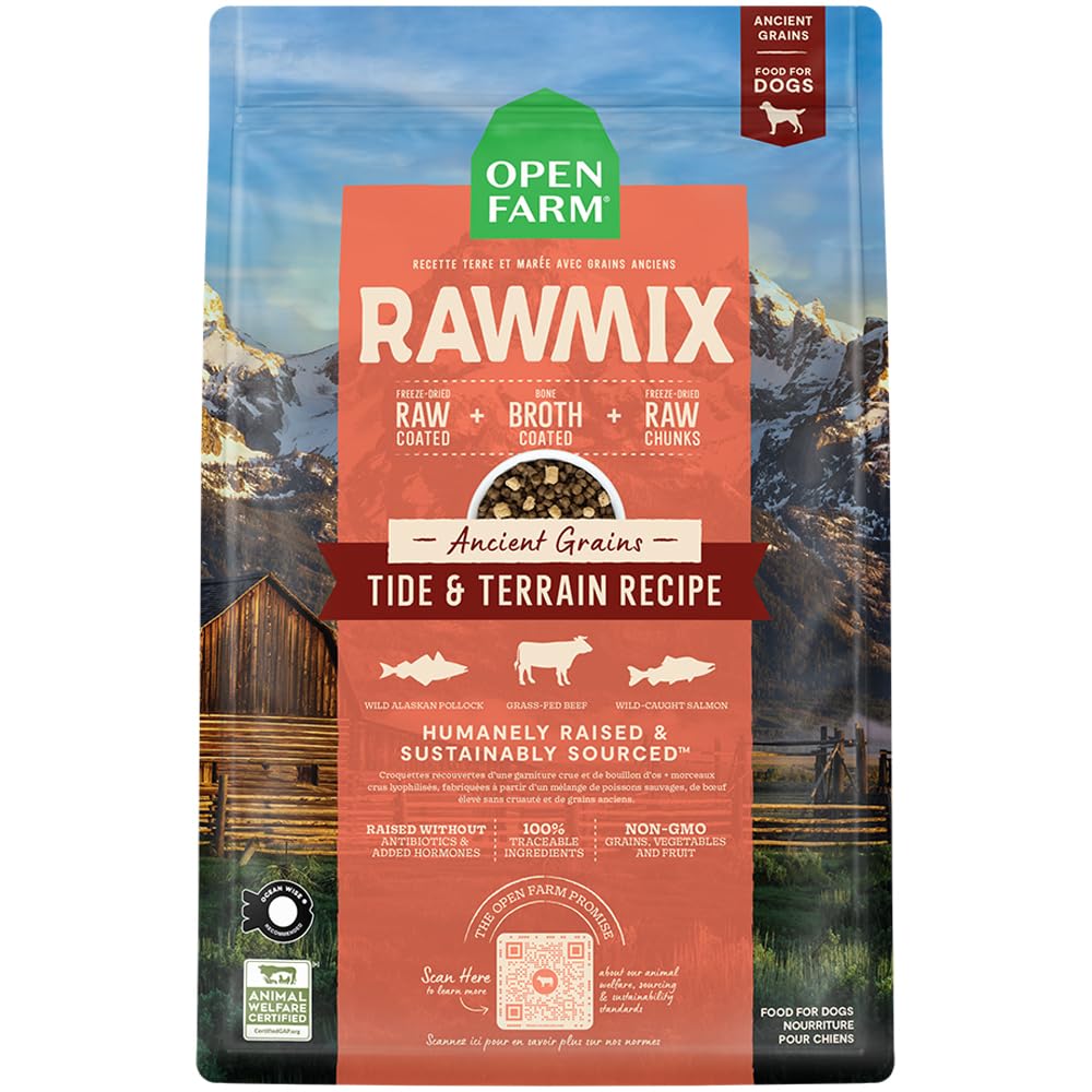 Open Farm RawMix dry dog food bag closeup shows bone broth-coated kibble for palatable protein-rich nutrition.