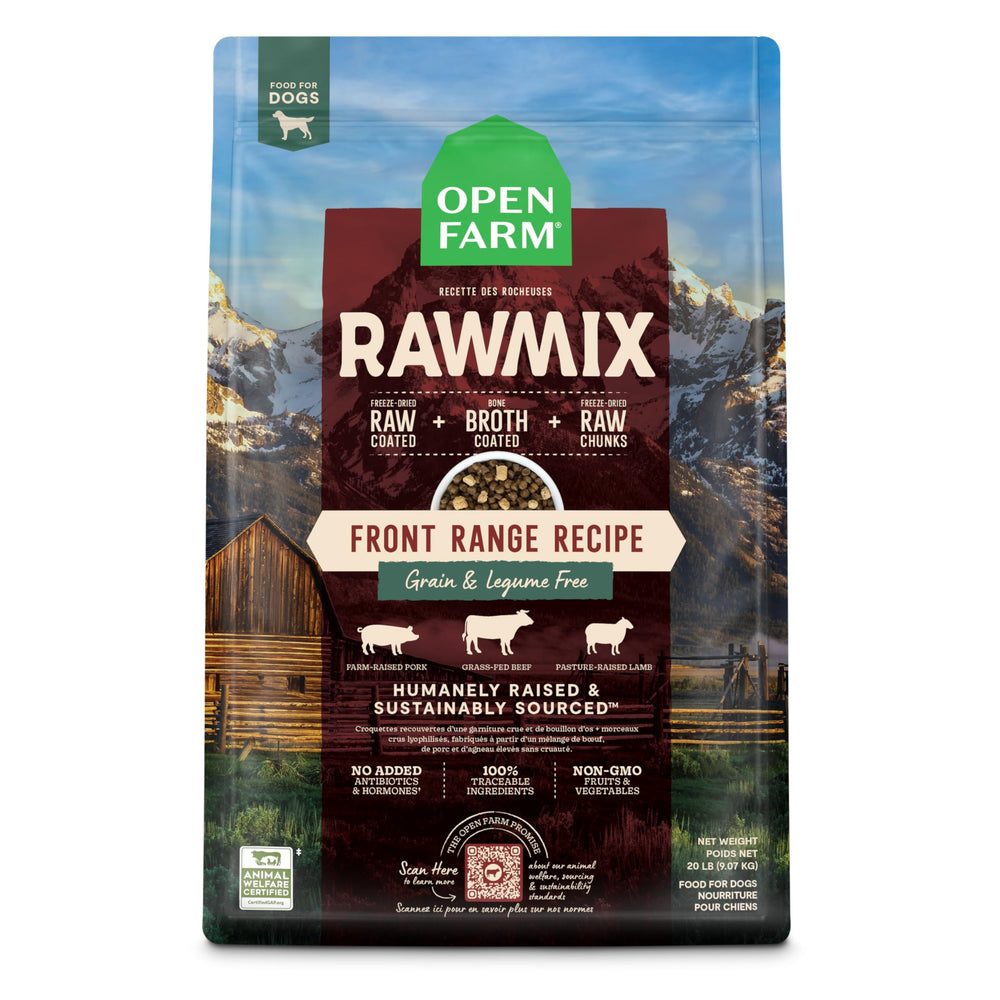 Open Farm RawMix Front Range bag front view shows grain-free, protein-packed formula.