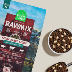 Open Farm RawMix Front Range kibble closeup reveals protein-rich bites.
