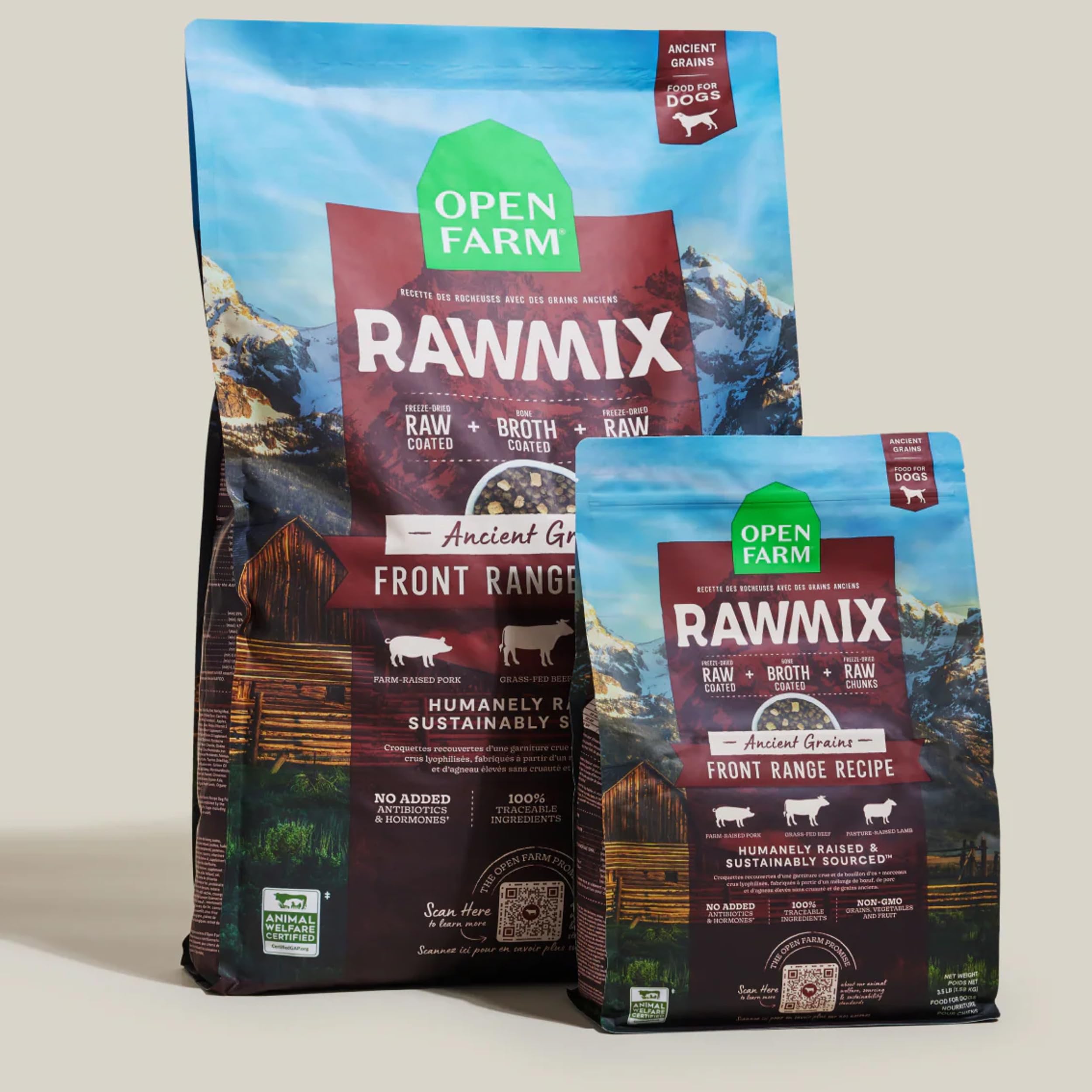 Open Farm RawMix Front Range beef-lamb-pork blend shown on packaging.