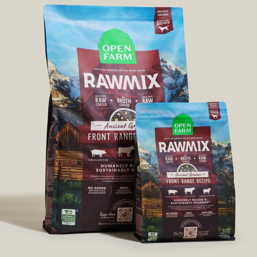 Open Farm RawMix Front Range beef-lamb-pork blend shown on packaging.