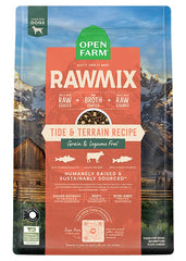 Open Farm RawMix grain-free dry dog food bag closeup, ideal for active dogs
