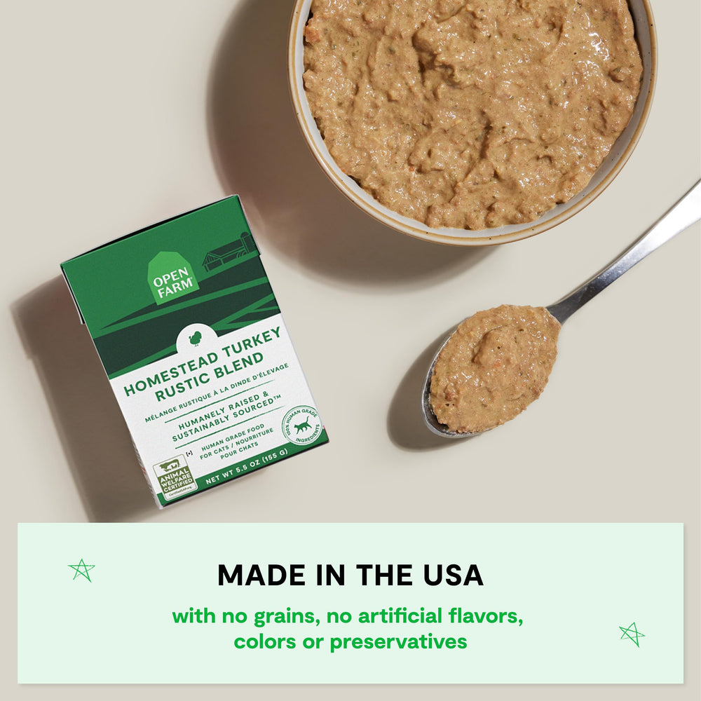 Open Farm Rustic Blend humane-raised meat chunks highlight ethical sourcing and protein variety.