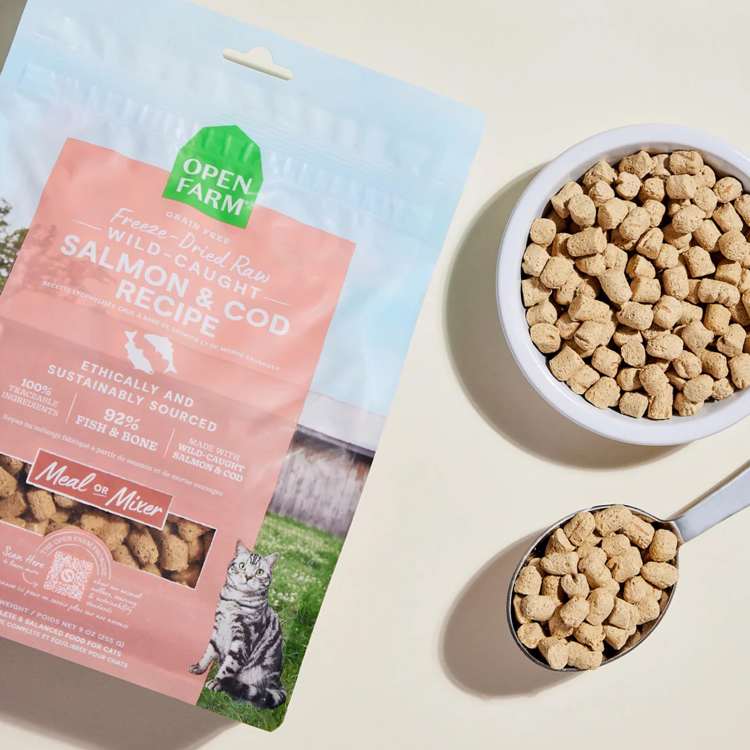 Open Farm Salmon & Cod morsels close-up shows chunky texture and quality