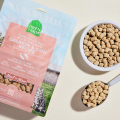 Open Farm Salmon & Cod morsels close-up shows chunky texture and quality