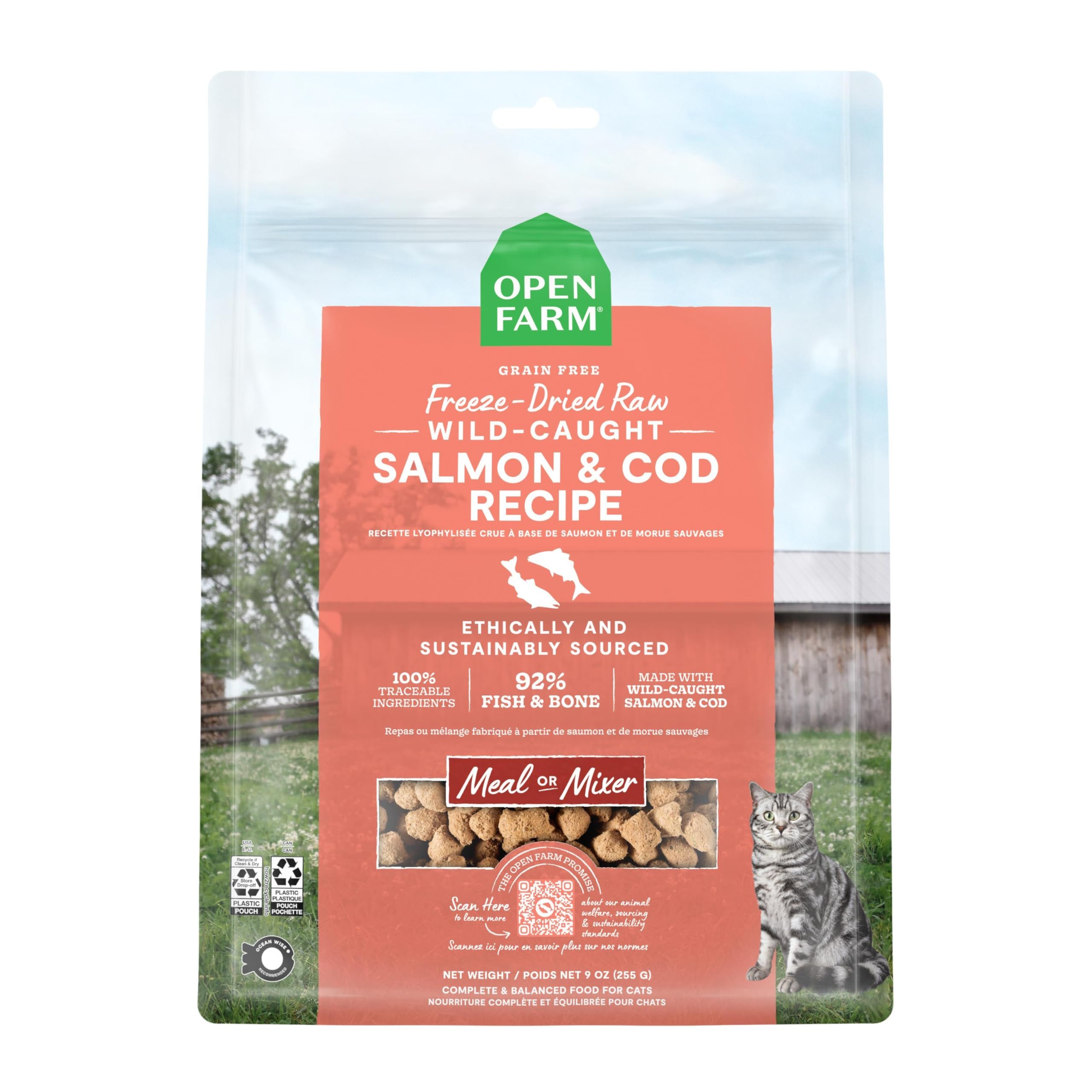 Open Farm Salmon & Cod Morsels packaging highlights transparent sourcing for cats' meals