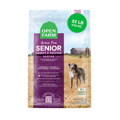 Open Farm senior dog food bag 22lb shows grain-free kibble for mobility support