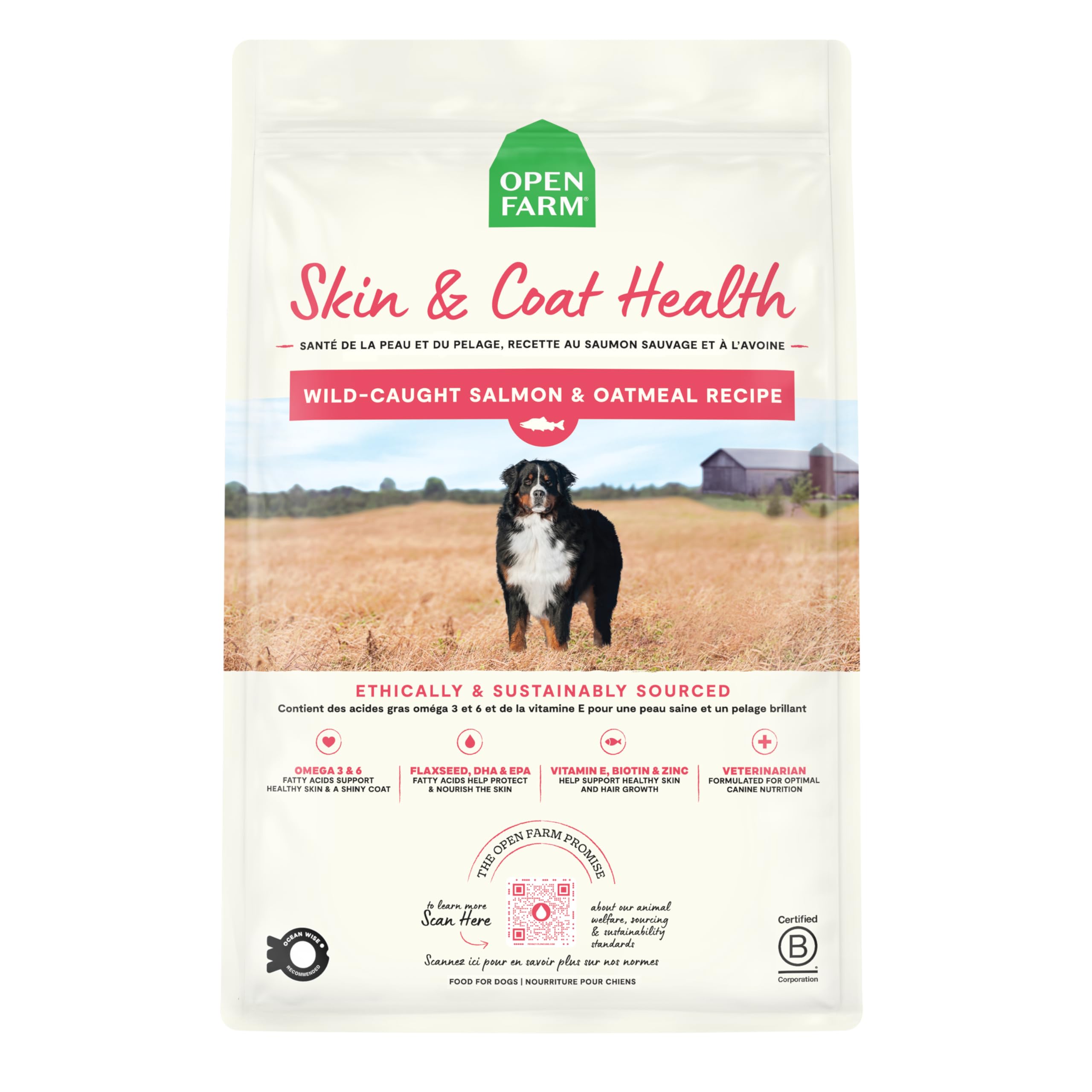 Open Farm Skin & Coat Health dog food bowl—glossy kibble supports a healthy coat.