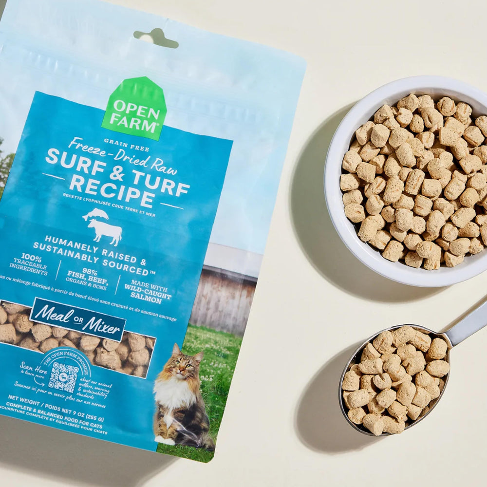 Open Farm Surf & Turf ingredients lineup including beef, salmon, and organ meats