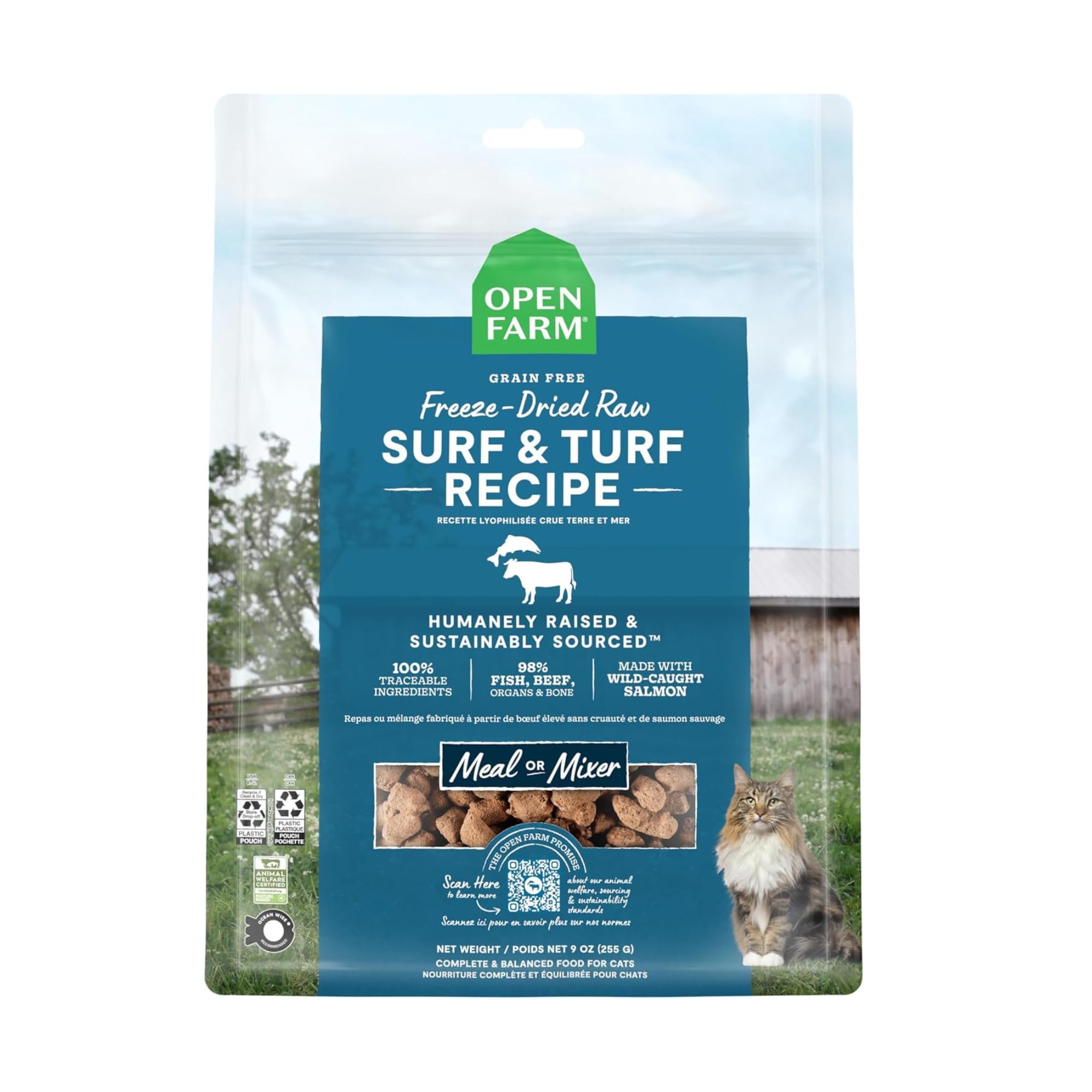 Open Farm Surf & Turf morsels packaging highlights gluten-free, responsibly sourced ingredients for cats.
