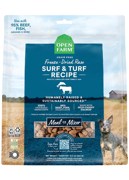 Open Farm Surf & Turf recipe bag showing 22oz packaging for dogs.