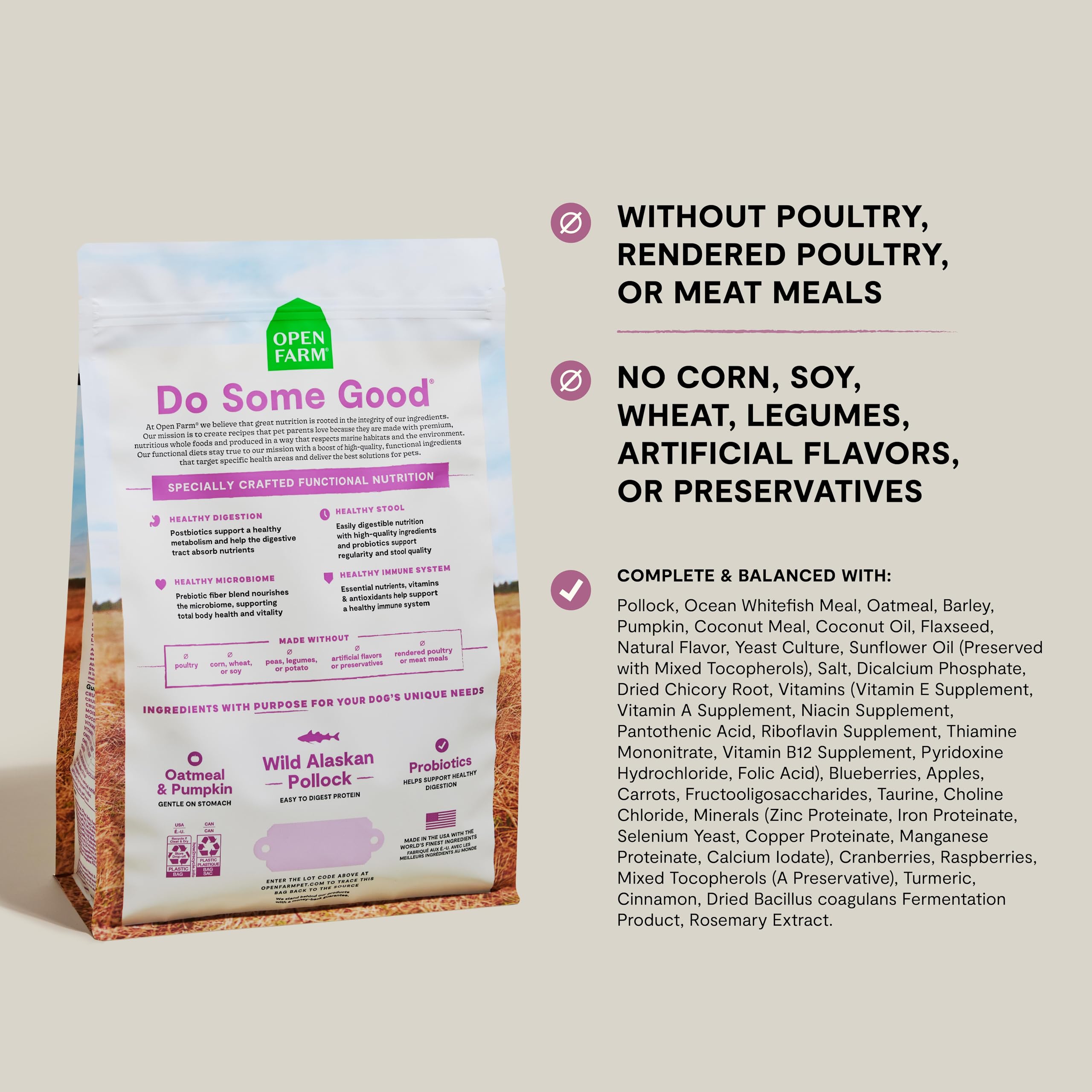 Open Farm wild Alaskan pollock first ingredient emphasizes high-quality protein for sensitive stomachs.