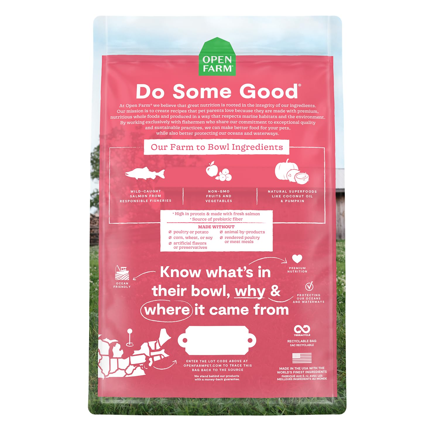 Open Farm Wild-Caught Salmon Dry Cat Food kibble closeup highlights high-protein, ethically sourced ingredients.