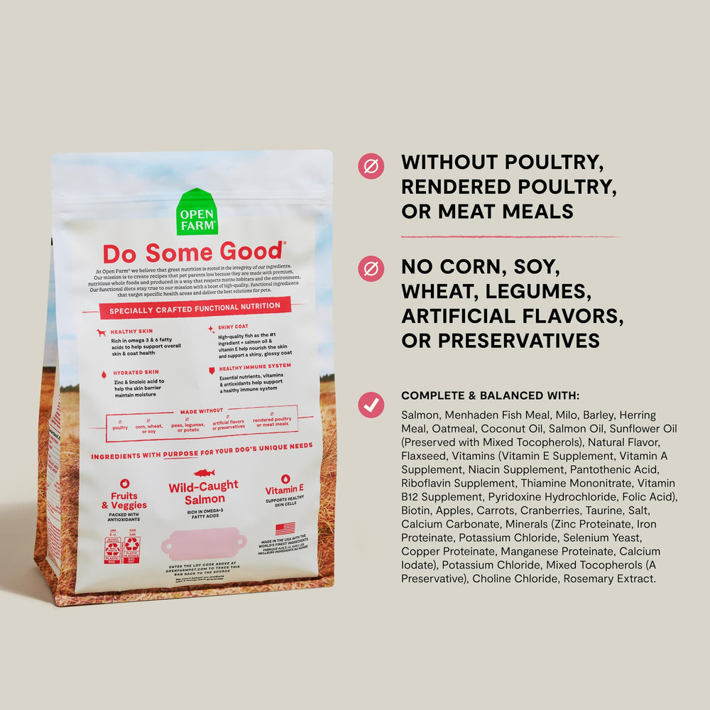Open Farm wild-caught salmon kibble close-up—omega-rich nutrition for vibrant skin.