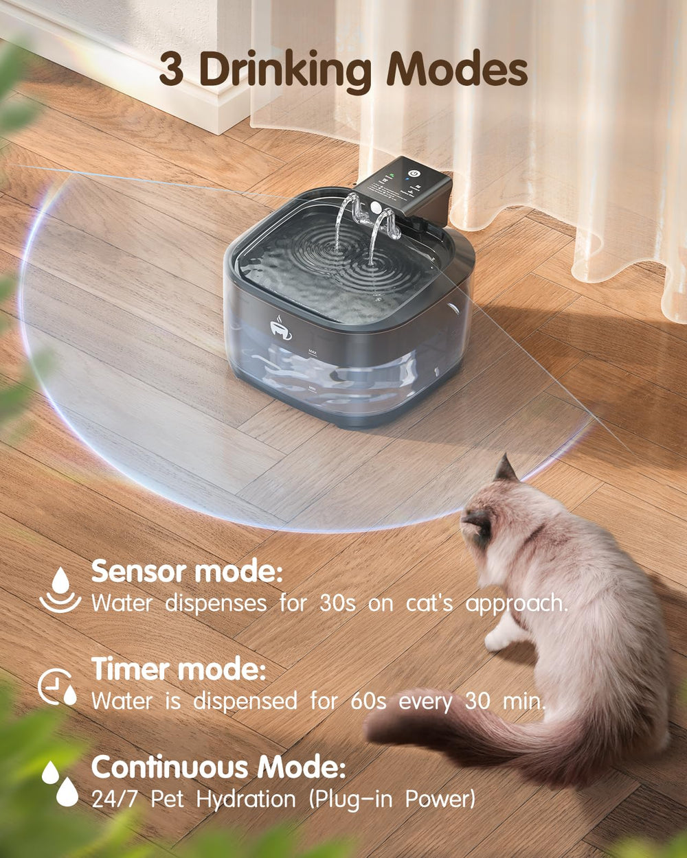 OPOWO three mode fountain shows sensor, timed and continuous drinking options