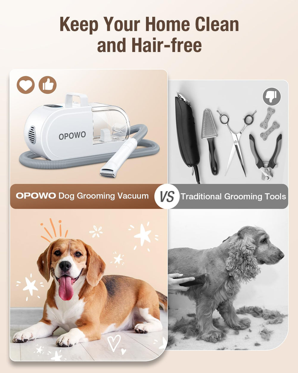OPOWO dog grooming vacuum clipper, paw trimmer, and nail grinder in action.