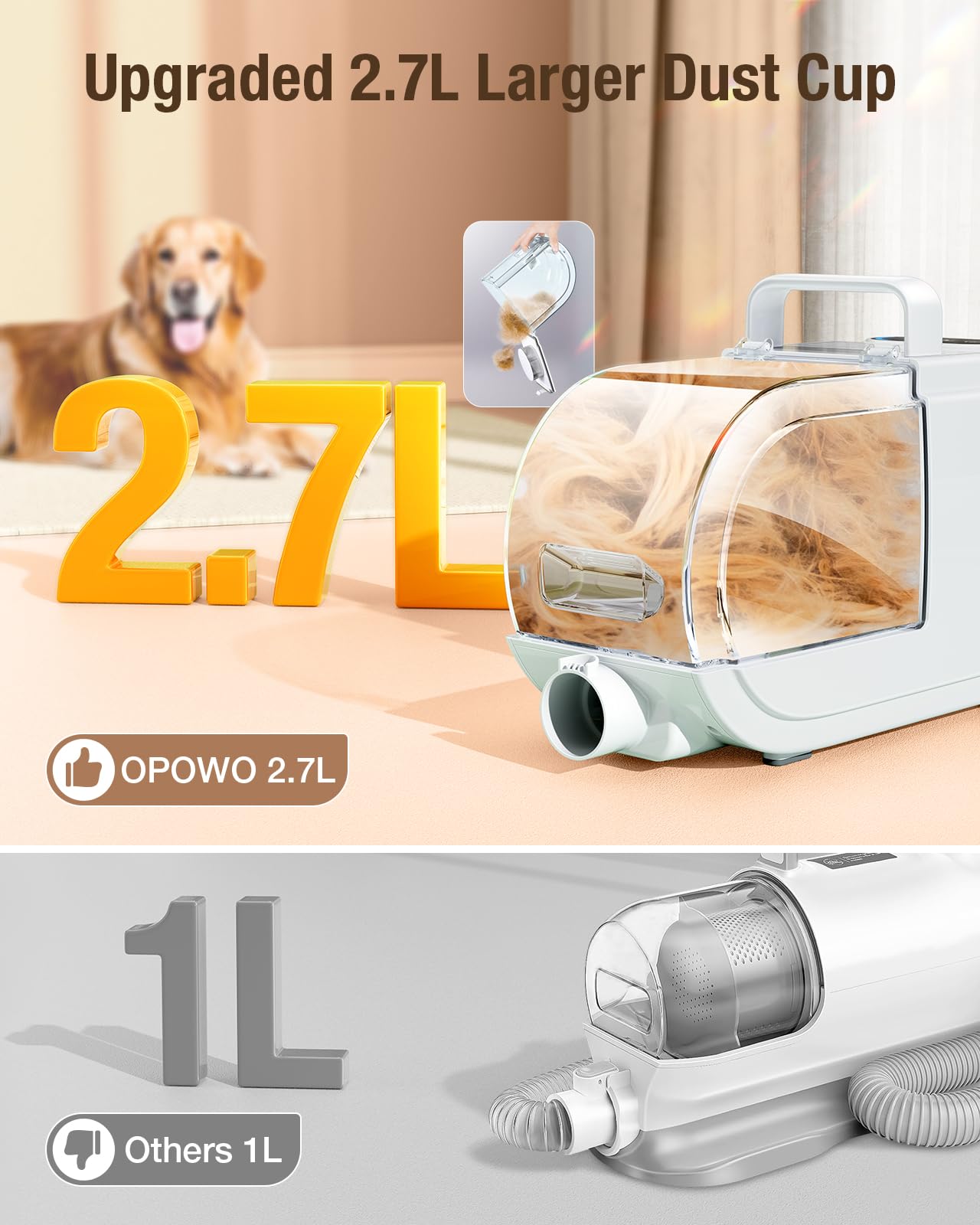 OPOWO cordless vacuum with USB-C charging for flexible grooming anywhere.
