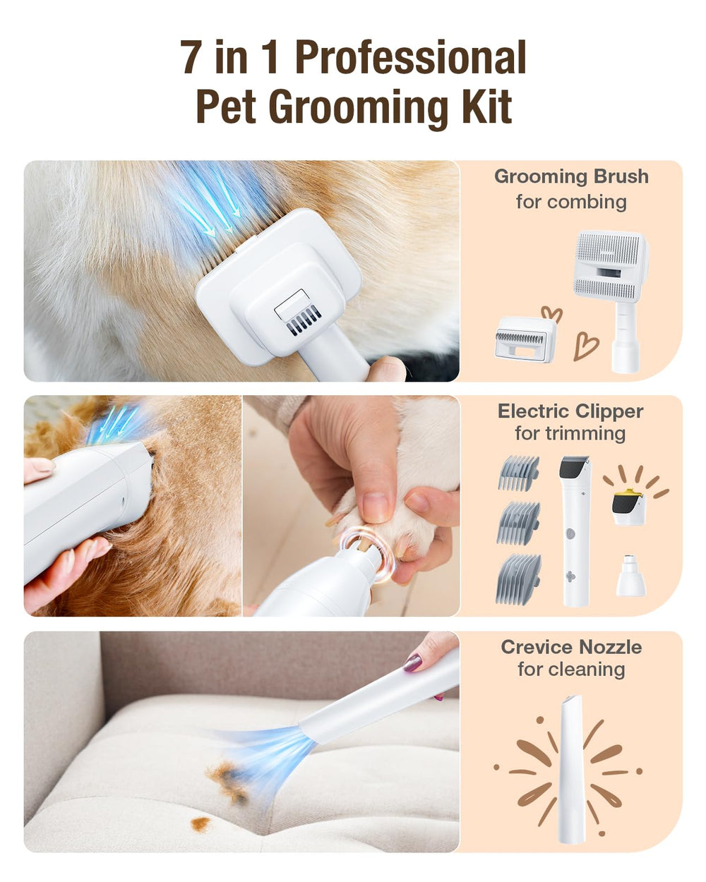 OPOWO low-noise grooming vacuum running quietly to reduce pet stress.