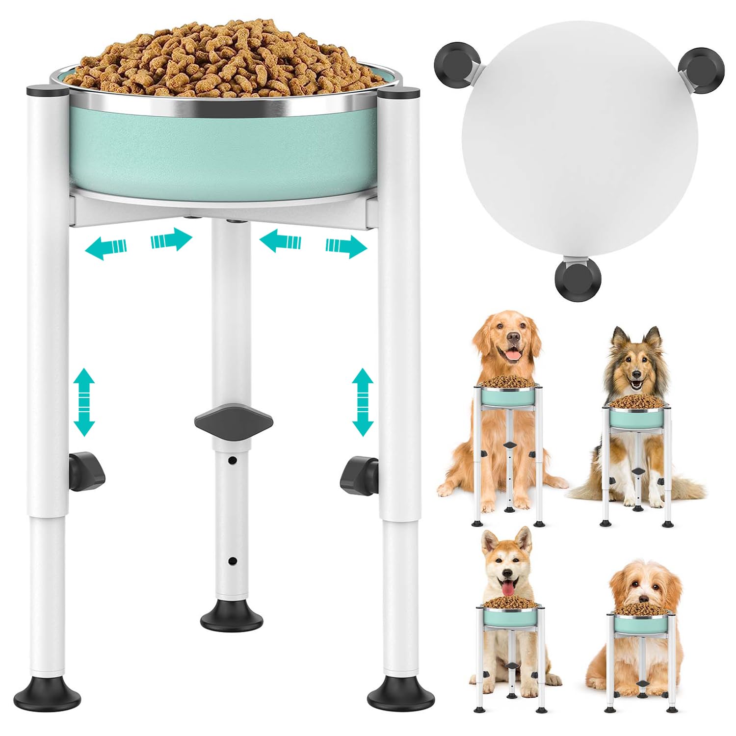 Oppro adjustable elevated dog bowl stand showing four height options for versatile feeding
