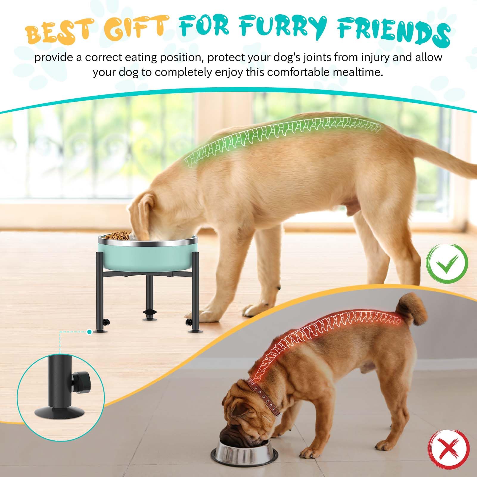 Oppro dog bowl stand suction-pads secure placement on smooth floors.