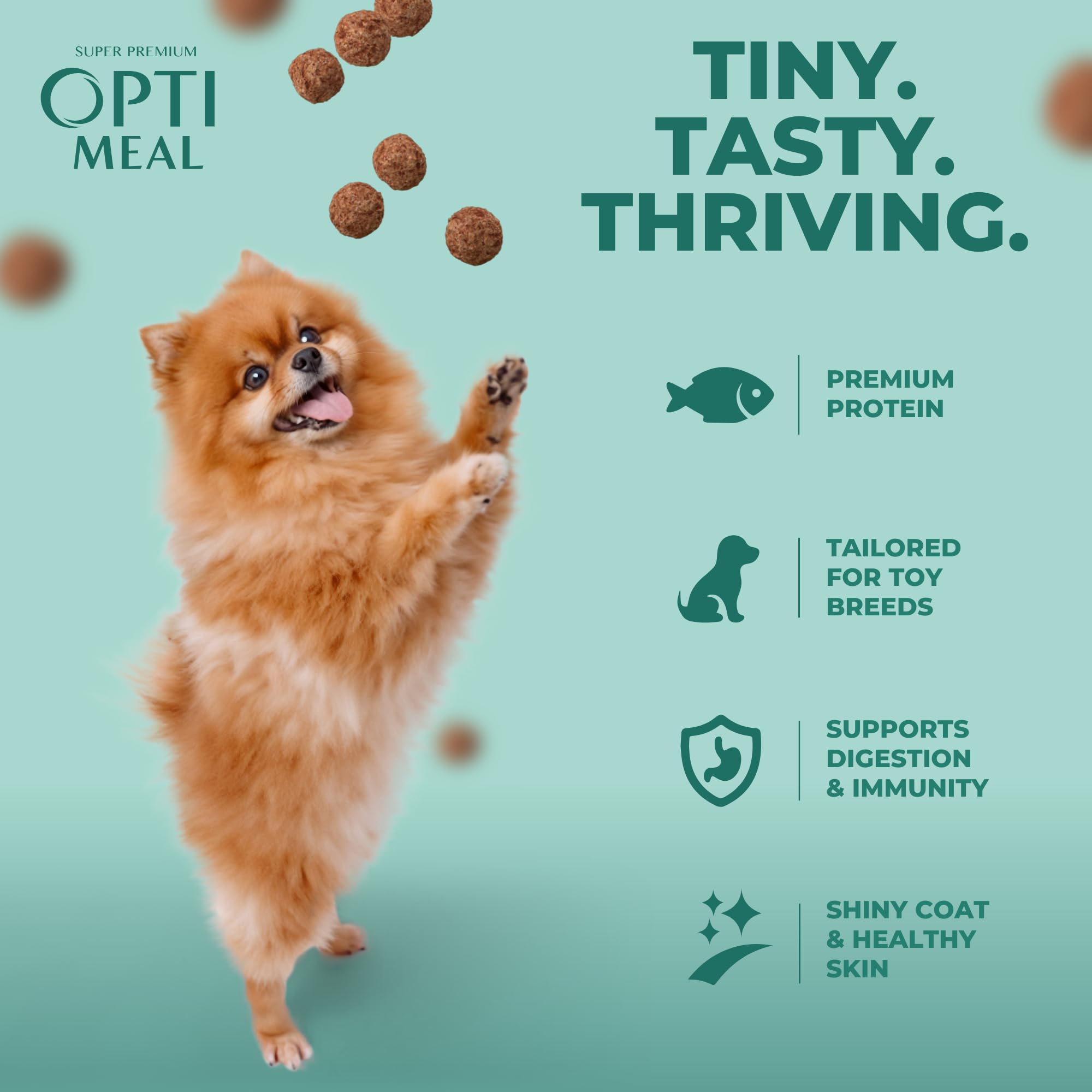 Optimeal puppy-toy-breed-dry-kibble-closeup highlights lamb protein for tiny-dog growth.