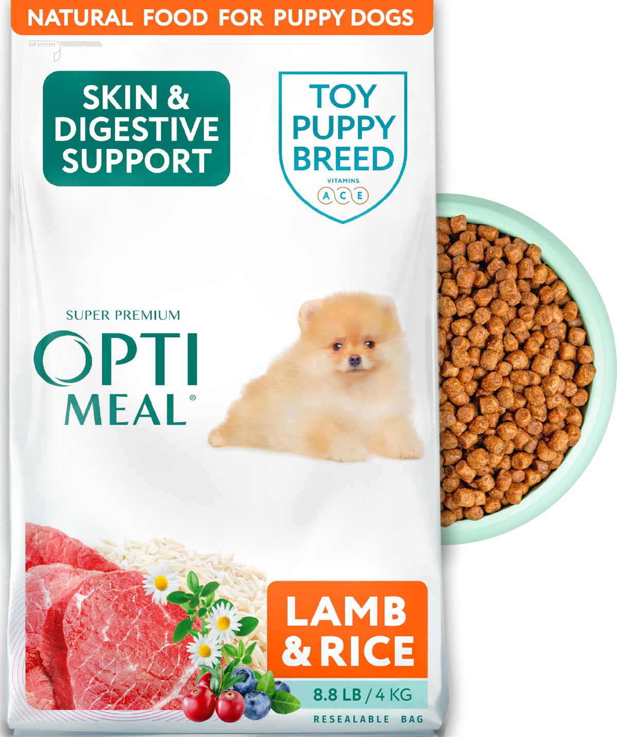 Optimeal puppy toy-breed food-bowl shows premium lamb kibble for digestible protein.