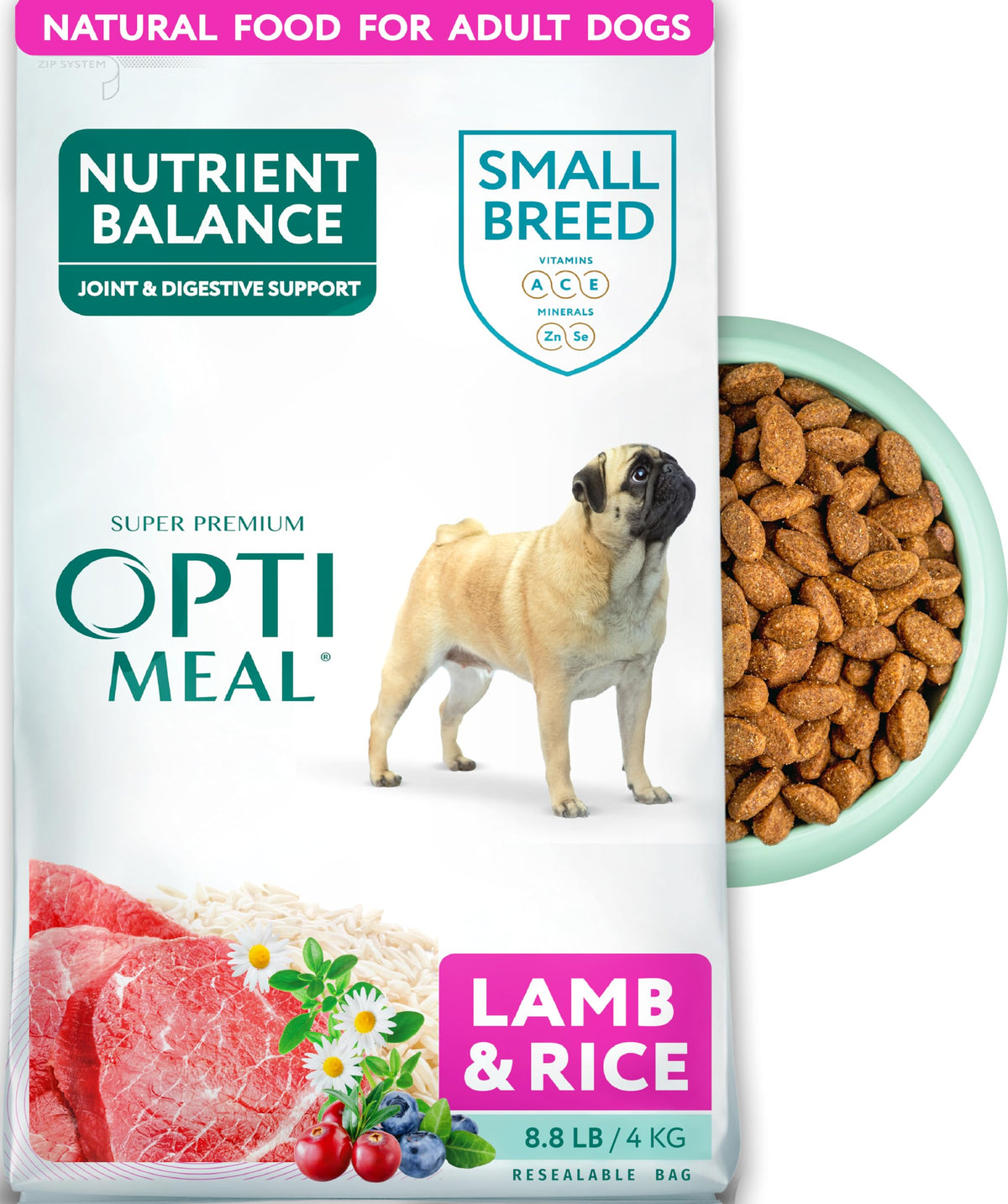 Optimeal small-breed dry dog food bag promotes premium nutrition for tiny dogs.