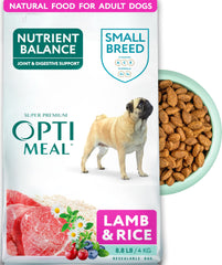 Optimeal small-breed dry dog food bag promotes premium nutrition for tiny dogs.