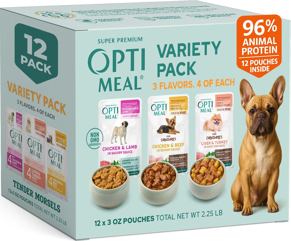 Optimeal small-breed variety pack pouch showcases complete daily nutrition for small dogs.