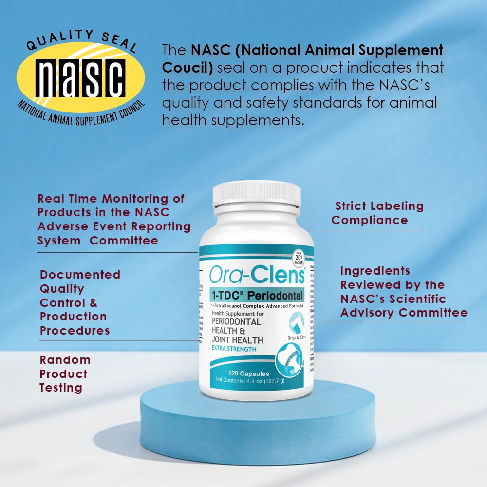 Ora-Clens 1-TDC softgel close-up of pet smile suggesting oral health support