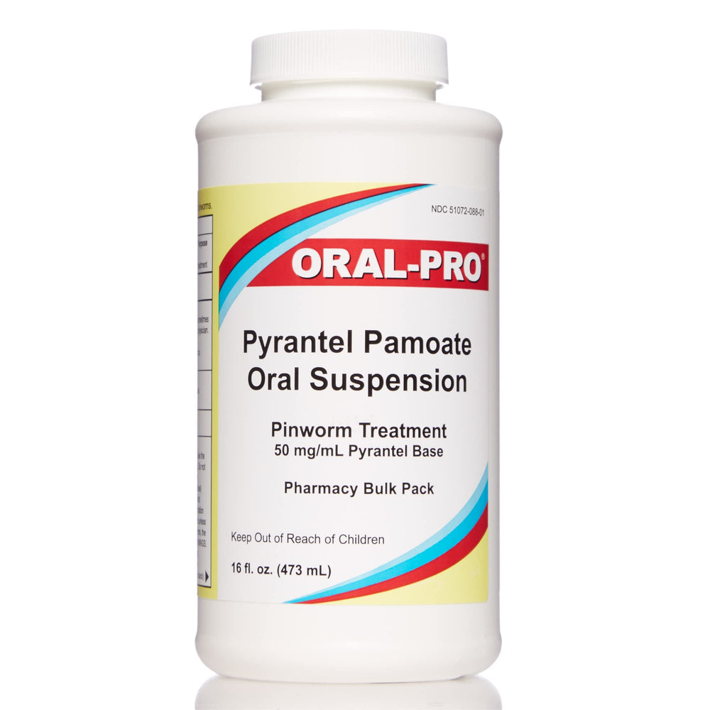 Oral-Pro Aurora bottle pour shows easy dosing for parent-administered pinworm treatment.