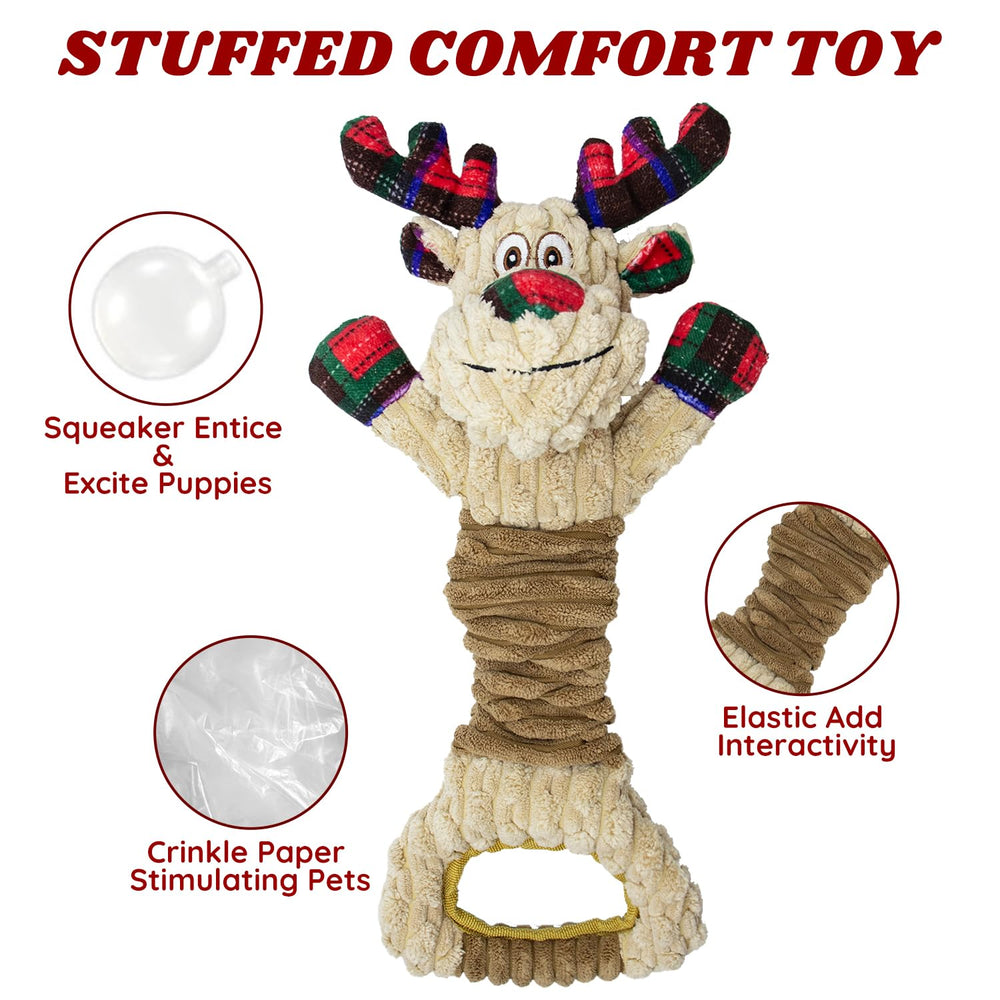 OraneeeO Christmas Squeaky Elk toy with tug-handle enables easy tug-of-war