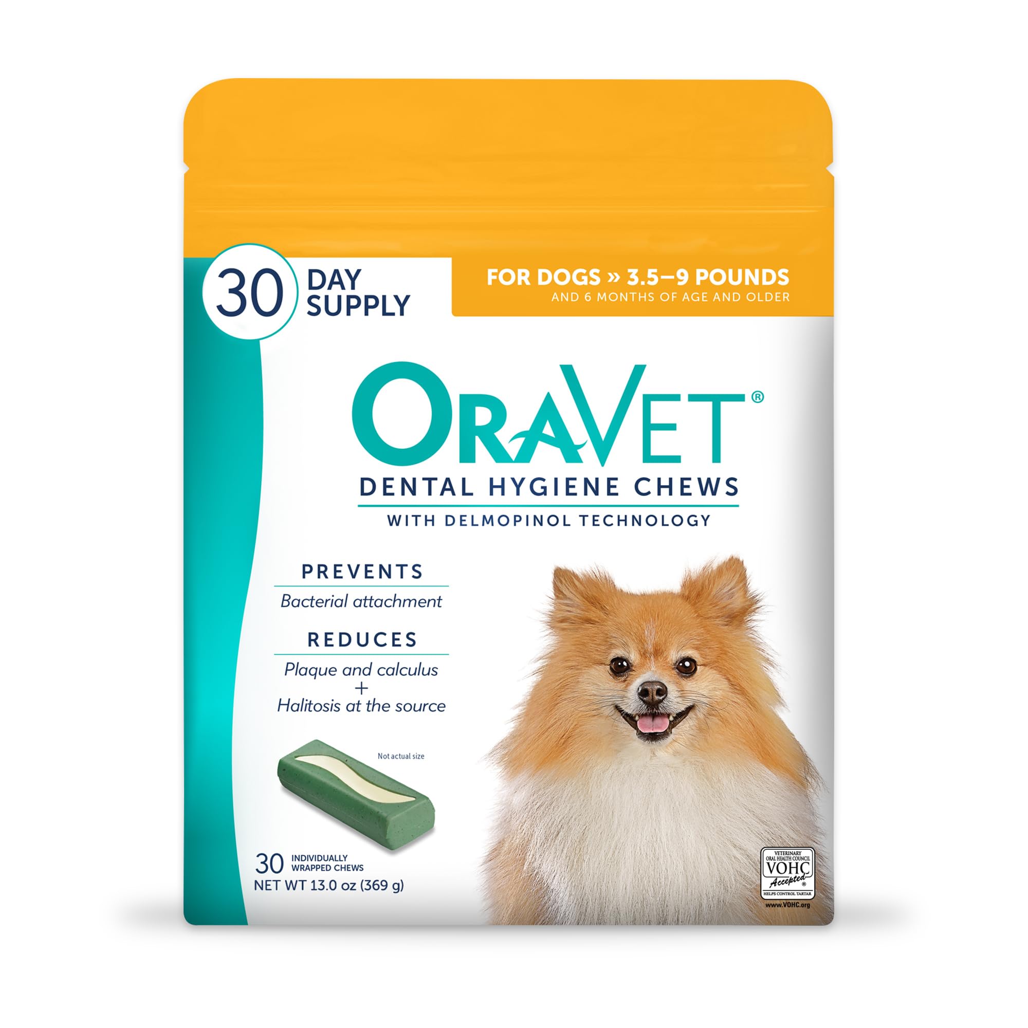 OraVet dental chews in yellow pouch for convenient daily small-dog dental care.