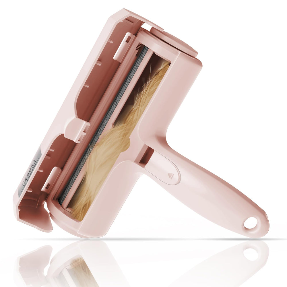 ORDORA Pet Hair Remover roller on couch lifting pet fur quickly for a cleaner living room