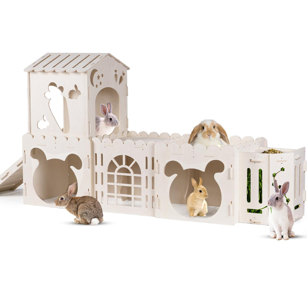Orekemo extra-large rabbit house overview with four castles for play and rest.