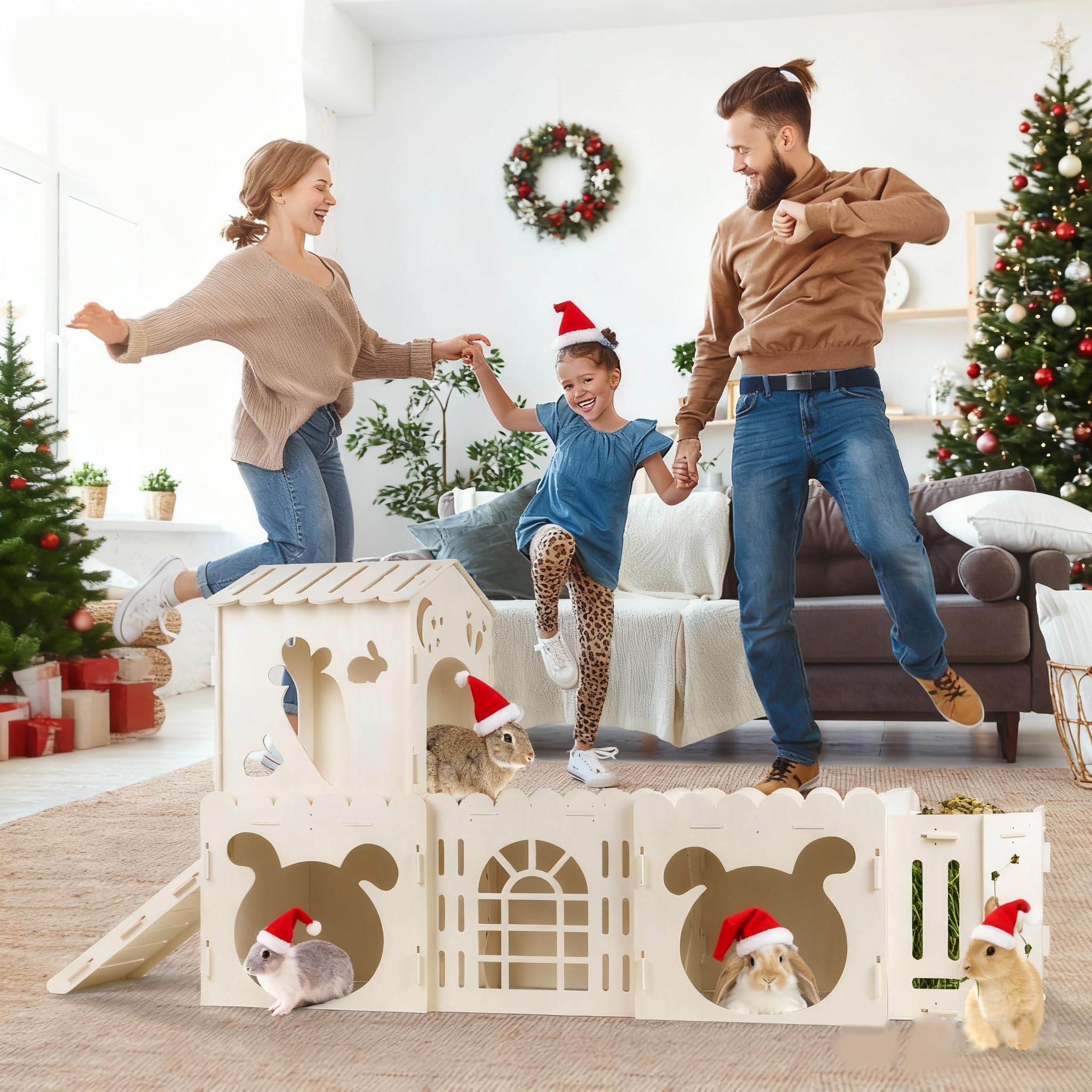 Orekemo extra-large rabbit house natural pine wood texture with burr-free finish.