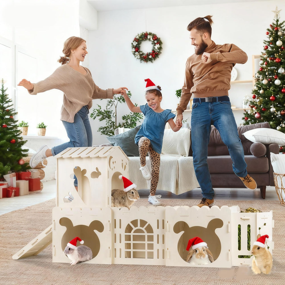 Orekemo extra-large rabbit house natural pine wood texture with burr-free finish.