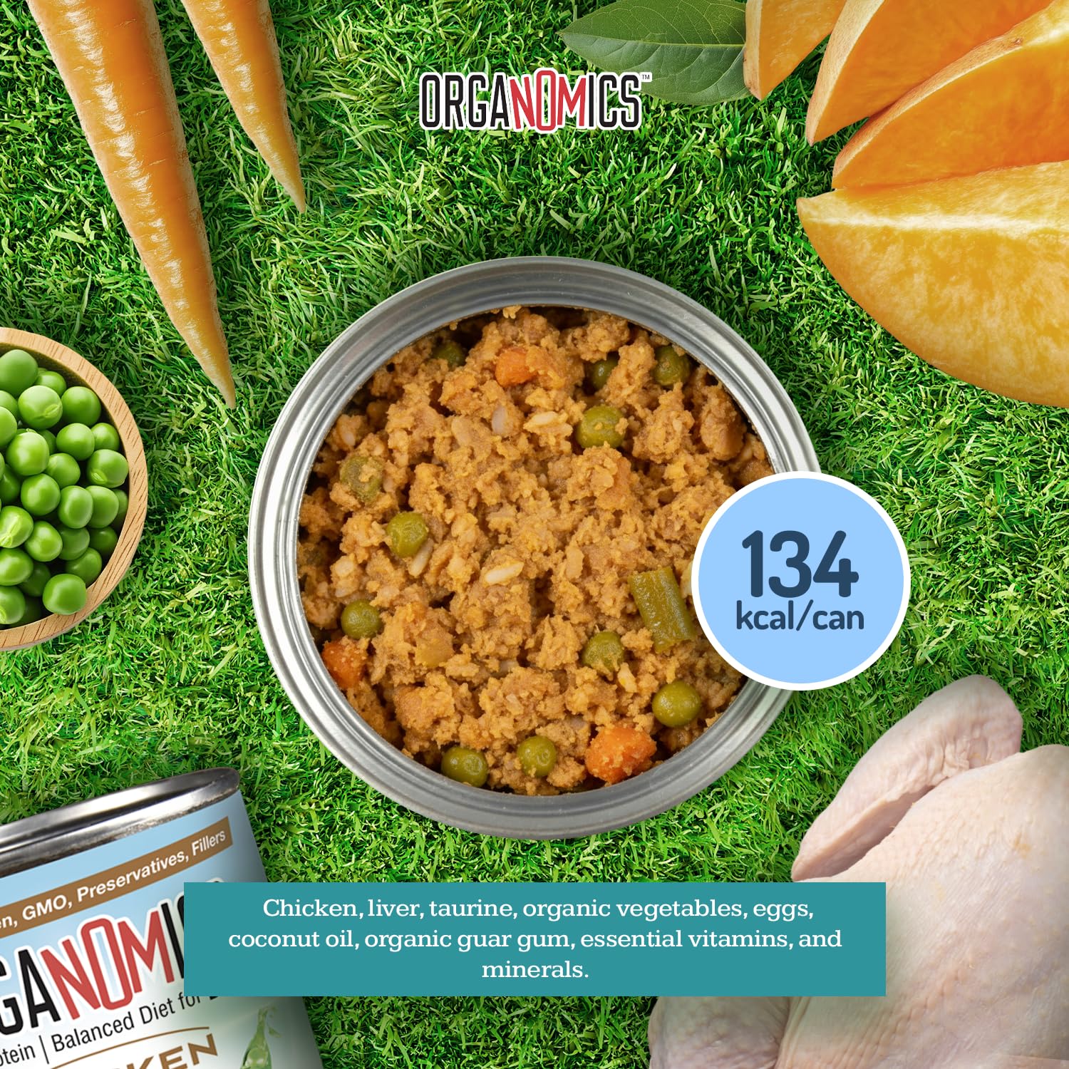 OrgaNOMics Chicken Dinner for Cats can with BPA-free emblem signals safe, eco-friendly packaging