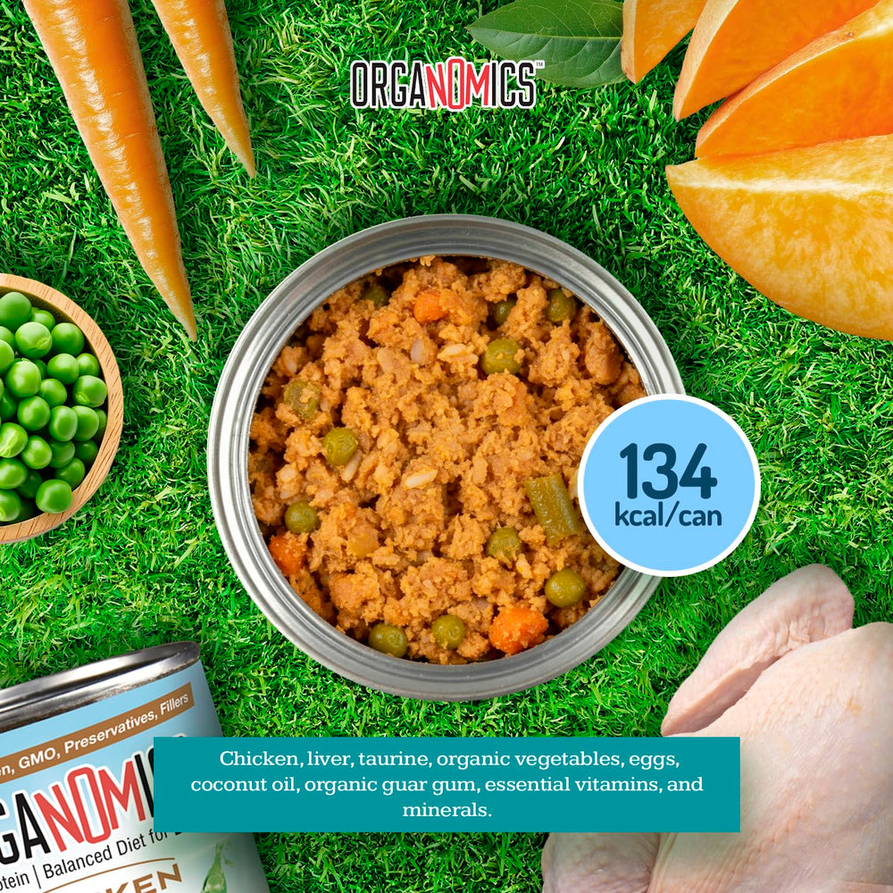 OrgaNOMics Chicken Dinner for Cats can with BPA-free emblem signals safe, eco-friendly packaging