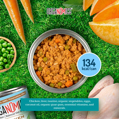 OrgaNOMics Chicken Dinner for Cats can with BPA-free emblem signals safe, eco-friendly packaging