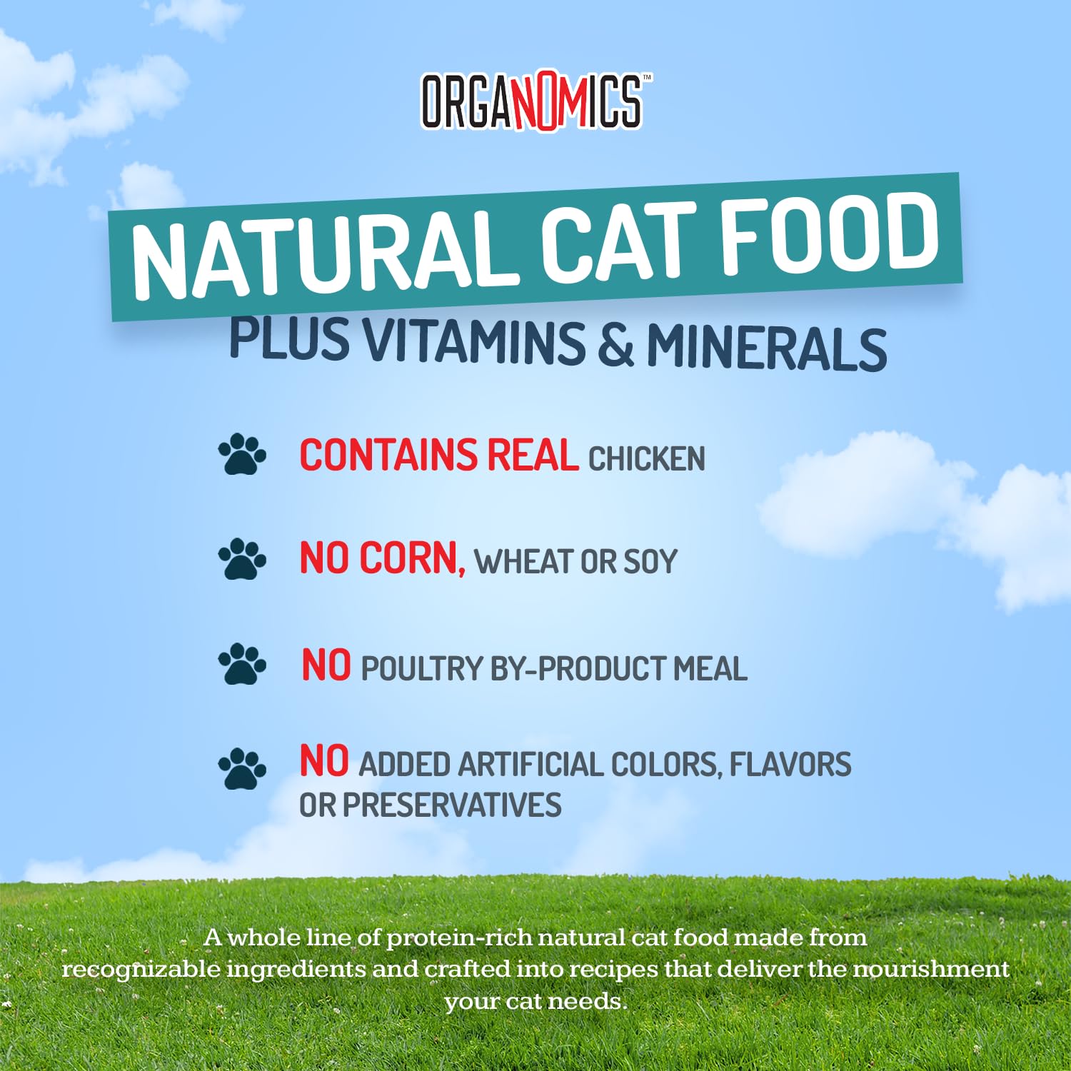 OrgaNOMics Chicken Dinner for Cats label close-up highlights exotic protein variety for daily feeding