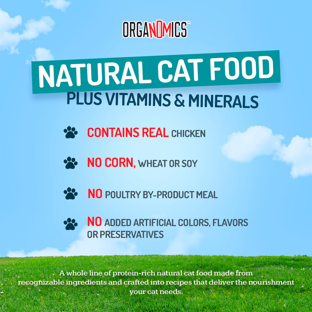 OrgaNOMics Chicken Dinner for Cats label close-up highlights exotic protein variety for daily feeding