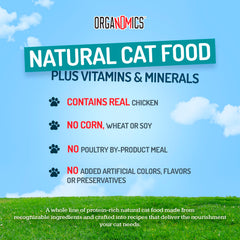 OrgaNOMics Chicken Dinner for Cats label close-up highlights exotic protein variety for daily feeding