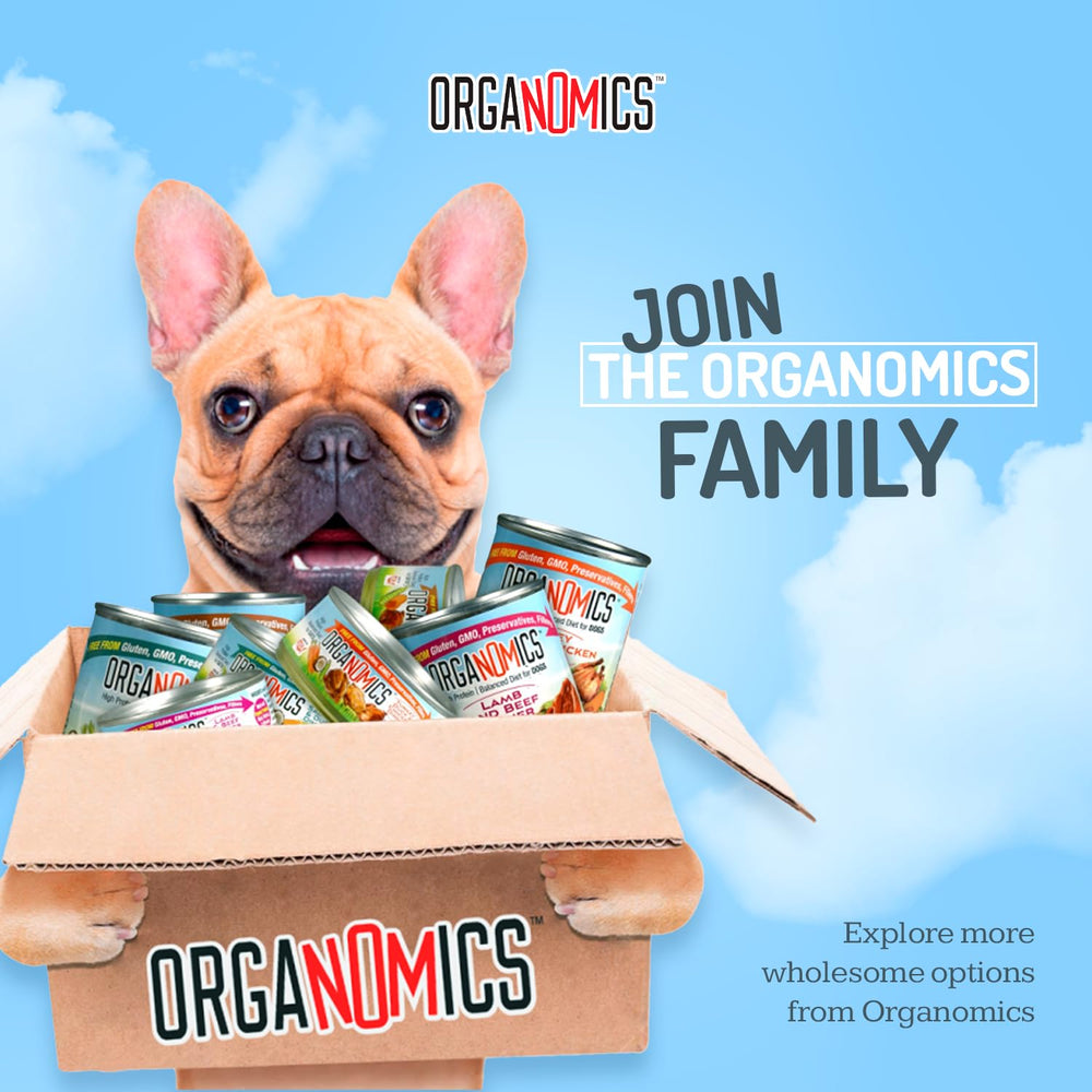 OrgaNOMics dogs-mealtime-serving image suggests convenient 12.5 oz portions for daily feeding.
