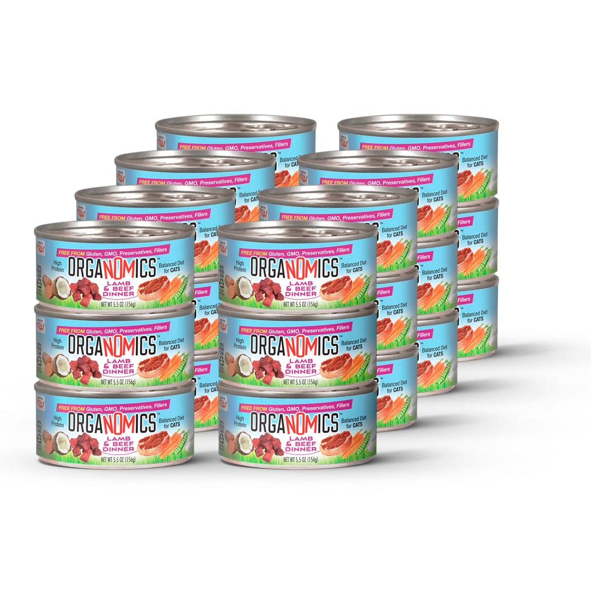 OrgaNOMics Lamb & Beef Dinner cat can packaging highlights grain-free formula