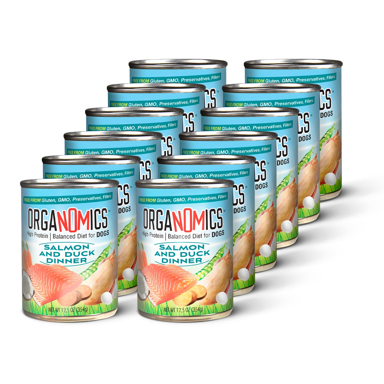 OrgaNOMics salmon-duck-dinner-cans highlight grain-free nutrition for dogs at mealtime.