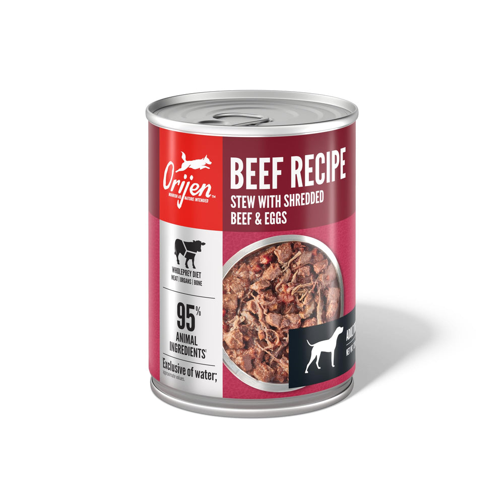 ORIJEN Beef Stew close-up of shredded beef and eggs highlights protein-rich textures.